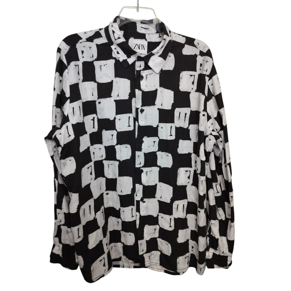 5435)Zara Men XL Checkered Board All over Prt Long Sleeve Relax Lycocel Shirt XL